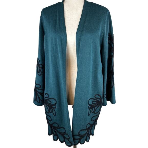 Chico's Womens Soutache Cardigan Sweater Size 2 Large Peacock Teal Cotton - Picture 1 of 8